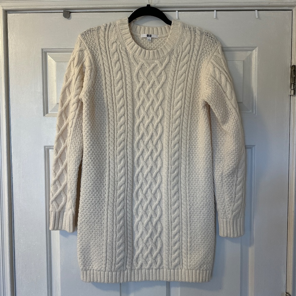 Uniqlo Cable Knit Mini Sweater Dress Cream White Long Sleeve Wool Blend Small